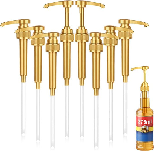 Zopeal 8 Pieces Coffee Syrup Pump Dispenser Fits 375ml/12.7oz Bottles, Syrup Pump for Coffee Flavoring, Creamers, Caramel, Beverages, Kitchen Cafe Bar Drinking Mixes Food Dispenser(Gold)