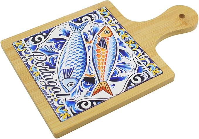 Portugal Sardine Design Wooden Serving Tray with Ceramic Tile Center