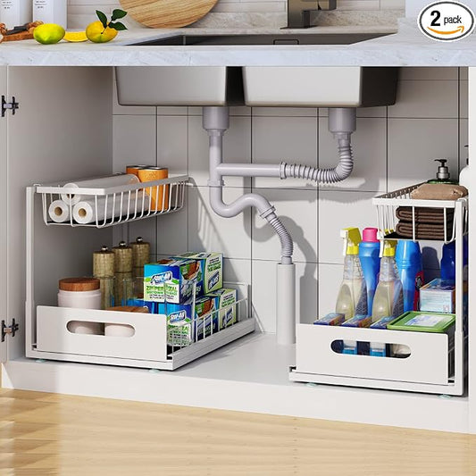 2 Pack Under Sink Organizer, 2 Tier Pull-Out Cabinet Storage Shelf, Rust-Resistant Metal Organizer for Kitchen Bathroom Laundry Room, No Tools Installation, White