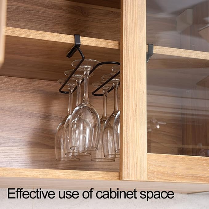 V3VOGUE Stainless Steel Under Shelf Wine Glass Holder, Under Cabinet Stemware Glasses Storage Hanger, Punch-Free Hanging Stemware Holder, Wire Hanging Rack (Single Row, Double Row)