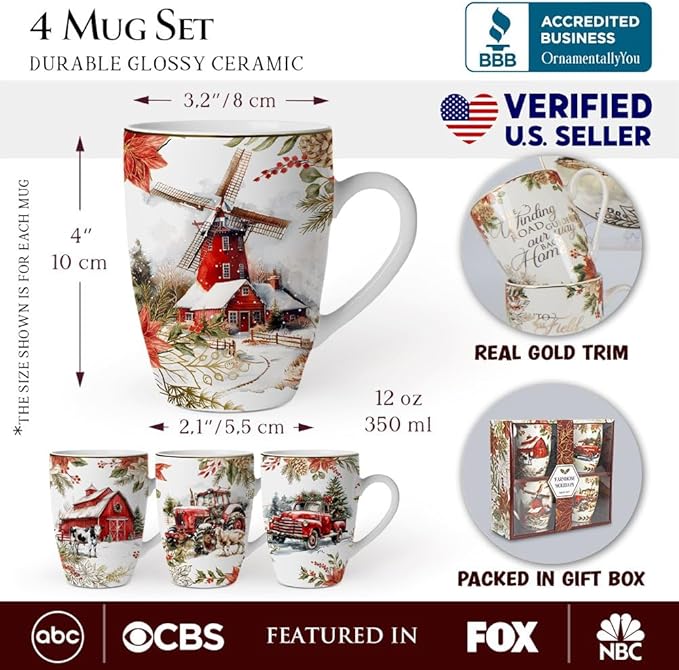 OrnamentallyYou Coffee Mug Holiday Kitchen Drinkware, Multiple Designs Available (Fancy Farmhouse Holiday Set of 4 Ceramic Mugs)