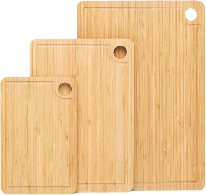 3 Pack Bamboo Cutting Board Set for Kitchen, Organic Wood Chopping Boards with Juice Groove Handles, Heavy Duty Non Toxic Meat Fruit Cheese, Ideal Housewarming Kitchen Gifts