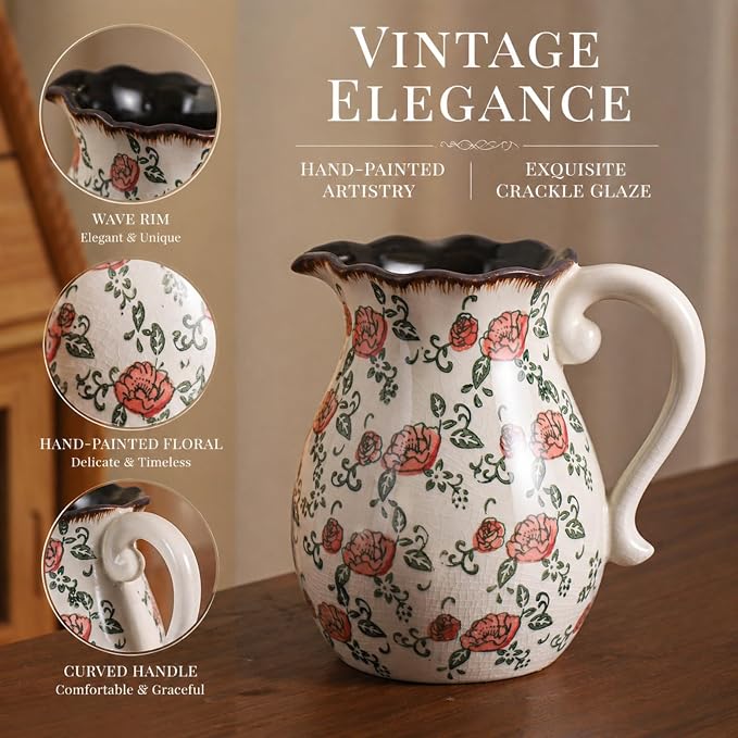 Utensil Holder,Stylish Vintage Ceramic Vase,8.3 Inch Hand-Painted Roses with Ice Crackle Glaze Finish,American Farmhouse Style Pitcher Vase for Home Décor Kitchen Island