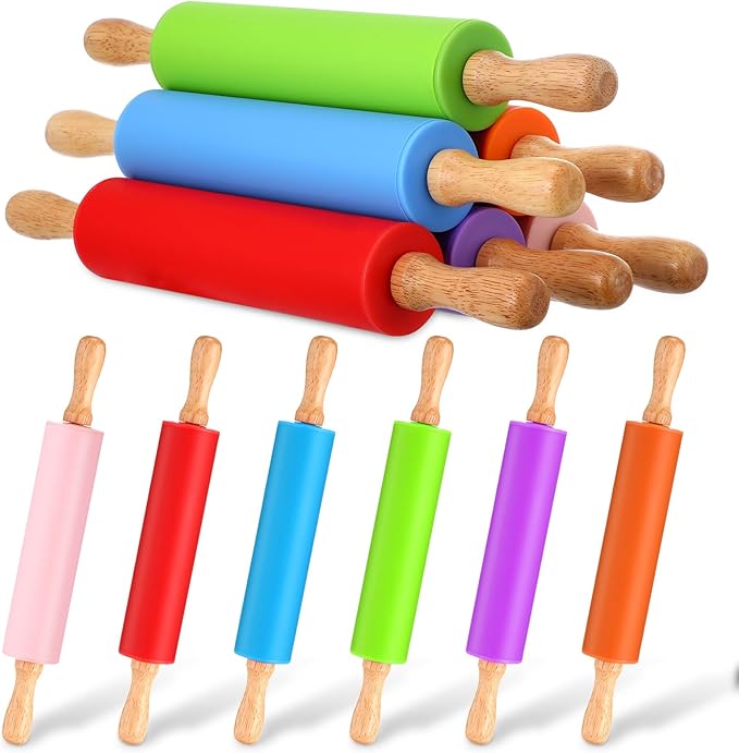 Dandat 12 Pcs Small Rolling Pin Kids 12 Inch Mini Silicone Rolling Pin for Baking Non Stick Kids Dough Roller with Wooden Handle for Kitchen Cookie Pastry Fondant Cake 6 Colors