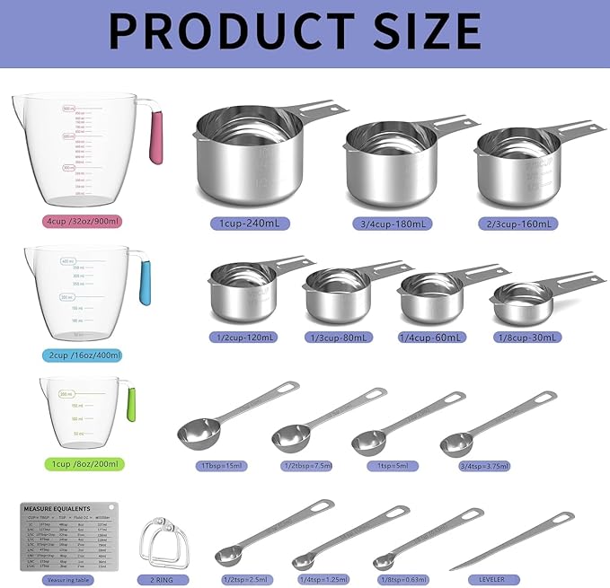 Stainless Steel Measuring Cups and Spoons Set, 6 Stainless Steel Measuring Cups, 7 Measuring Spoons & 1 Leveler, 3 Plastic Measuring Cup with 1 Measuring Conversion Chart