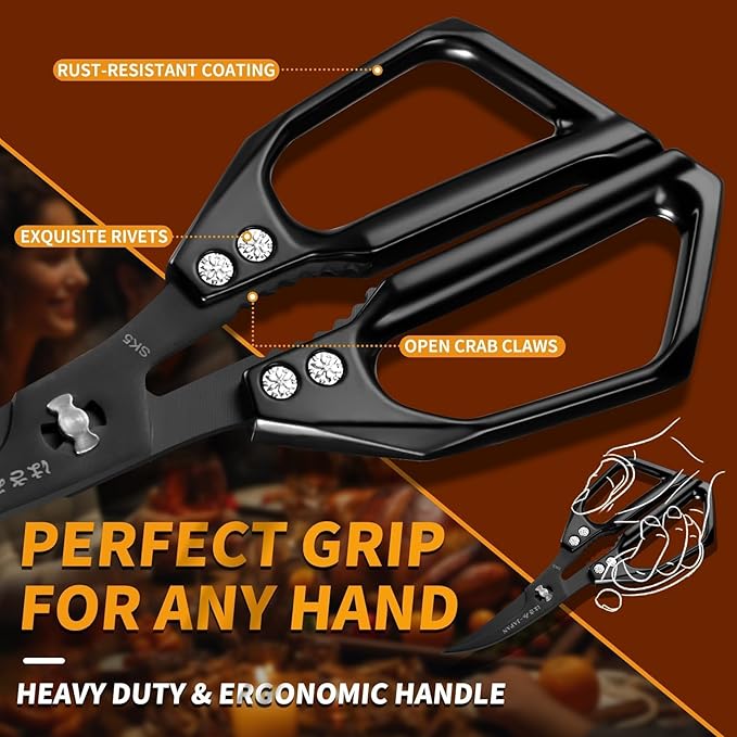 Huusk Seafood Scissors Black - Stainless Steel Kitchen Shears Dishwasher Safe, Sharp Japanese-Style Kitchen Scissor for Crab, Shrimp, Lobster, Herbs and Food Prep, Gifts for Men Women