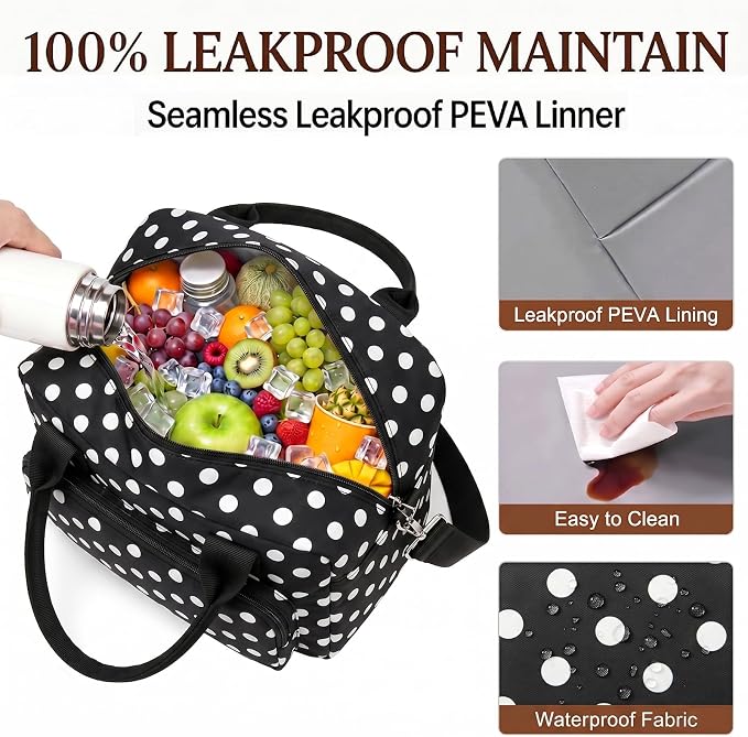 Insulated Lunch Bag for Women, Cute Polka Dot Large Capacity Leakproof Portable Thermal Lunch Box with Adjustable Shoulder Strap, Reusable Cooler Lunchbox Tote for Work Office Travel Picnic, Black,Big