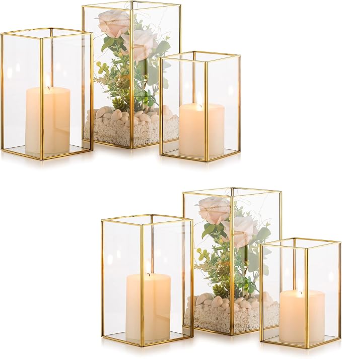 Nuptio Glass Hurricane Candle Holder Set of 6 Gold Pillar Candle Holders Large Rectangular Candleholder Table Centerpieces Decoration for Wedding Party Thanksgiving Ornaments 9.5 & 8.1 & 6.5 inch