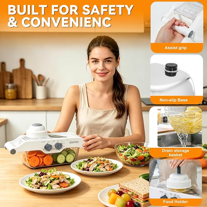 5 Thickness Adjustable Mandoline Slicer, Manual Vegetable & Fruit Slicer with Safety Hand Guard, Compact Kitchen Gadget for Lemon, Potato, Onion, Cucumber, Food Prep Tool for Home Cooking