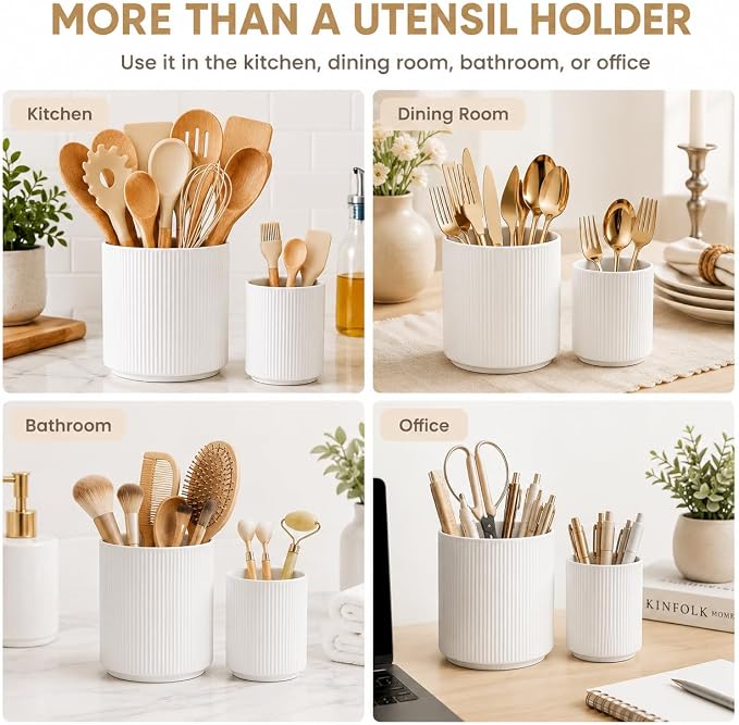 Utensil Holder,Ceramic Kitchen Utensils Holder for Countertop-Set of 2 | Utensil Crock for Kitchen Counter for Forks,Spatulas, Spoons,Ideal Housewarming Gifts & Mothers Day Gift-White