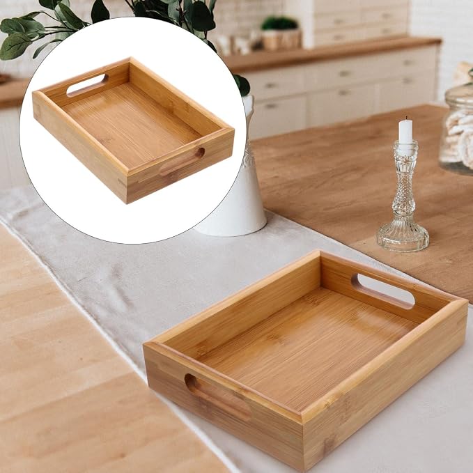 Generic 1 Pack Bamboo Serving Tray, 6x8x1.5'' Small Rectangular Ottoman Tray with Handle, Portable Food Serving Platter, Coffee Table Decoration