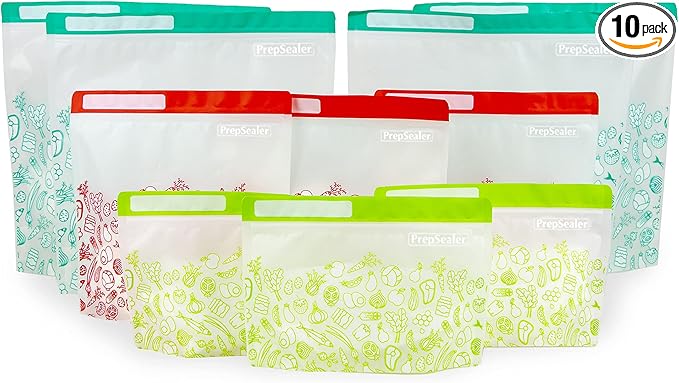 PrepSealer Reusable Food Storage Bags – Keep Fruits, Veggies & Meats Fresh Longer -10 Pieces (3 S, 3 M, 4 L)