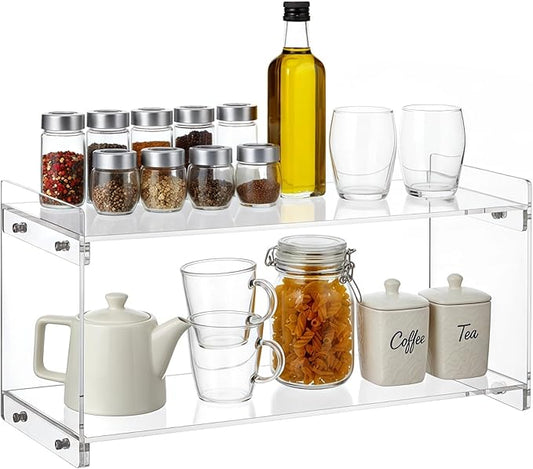 2 Tier Acrylic Countertop Organizer for Coffee Bar & Matcha Station, Clear Coffee Shelf for Countertop Use, Open Kitchen Spice Rack Organizer with Transparent Storage for Mugs, Jars and Accessories