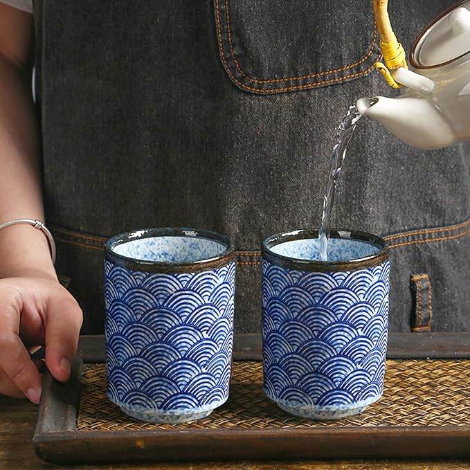Japanese Ceramic Cup 10 oz No Handle Coffee Mug Teacups Set of 2 for All Kinds of Coffee and Drinks (Blue)