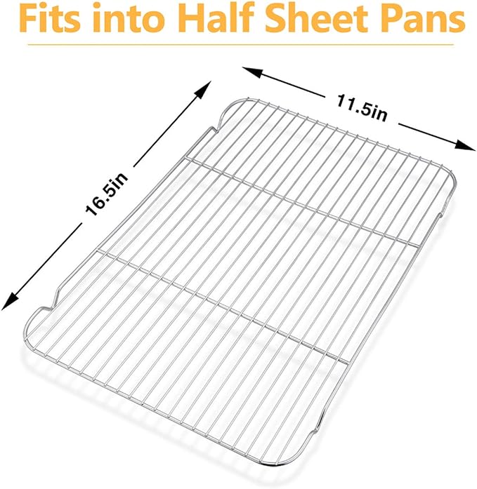 Baking Cooling Rack Set of 2, E-far 16.5"x11.5" Stainless Steel Metal Roasting Cooking Racks, Fits in Half Sheet Cookie Pans, Non Toxic & Rust Free, Oven Proof & Dishwasher Safe