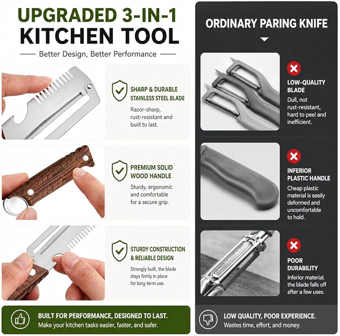 2Pack 3-in-1 Vegetable Peeler with Faux Wood Handle, Stainless Steel Julienne Peeler & Scallion Shredder with Built-In Bottle Opener, Kitchen Peeler for Potato, Carrot, Cucumber, Apple & Fruits