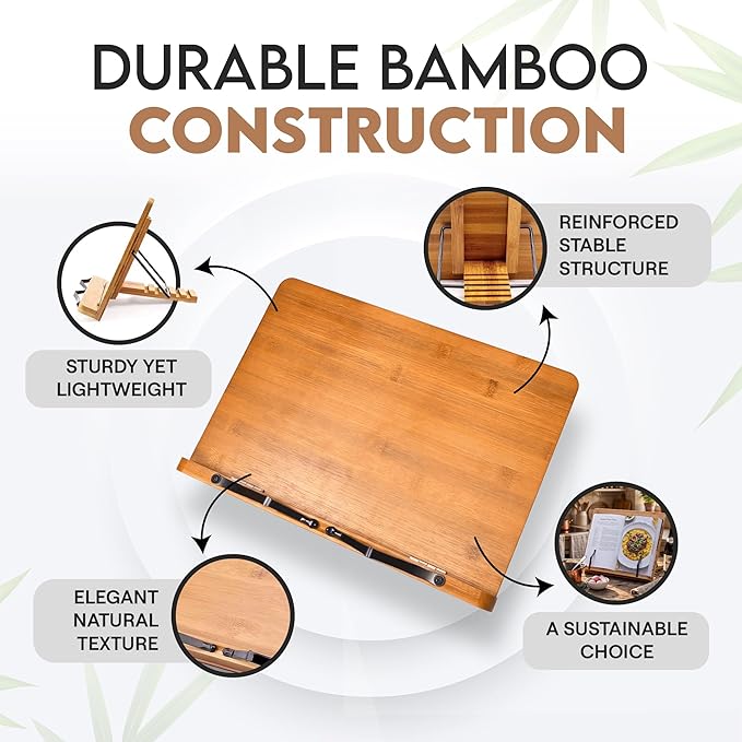 Bamboo Cookbook Stand Large, Adjustable Book Holder Tray and Page Paper Clips - Natural Color Large - 4-Position Recipe Book Stand Holds Thick Books for Kitchen Counter, Reading, Studying - Foldable