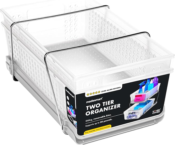 madesmart 2 Tier Organizer, Under Cabinet Storage with Pull Out Sliding Drawers, for Cleaning Supplies, Pantry, Undersink, Sponges, Bottles & Bath, Adjustable Dividers & Pull Out Baskets, Frost