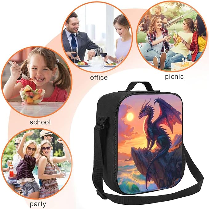 Insulated Lunch Bag, Reusable Portable Lunch Box With Shoulder Strap, Dragon Lunch Bag, Funny Cute Bento Lunchbox Cooler Thermal Meal Tote Kit