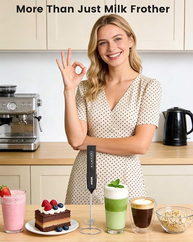 AMOSA Milk Frother Handheld with Stand, Rechargeable Frother with 3 Speeds & 3 Heads, Travel Frother with Case, Coffee Mixer for Latte, Milk, Cream, Egg, Coffee, Cappuccino