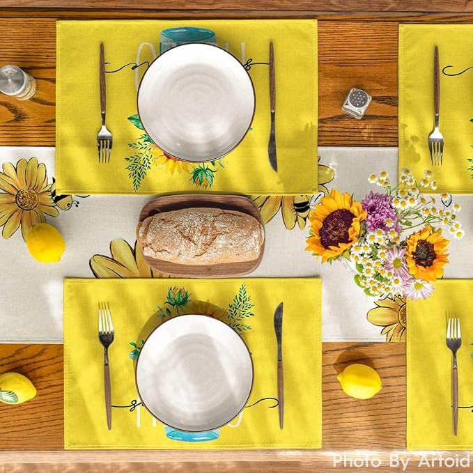 Bloss Yellow Hello Sunshine Sunflower Summer Placemats Set of 6, 12 x 18 Inch Spring Seasonal Holiday Decoration Rustic Vintage Washable Table Mats, Placemats for Dining Table
