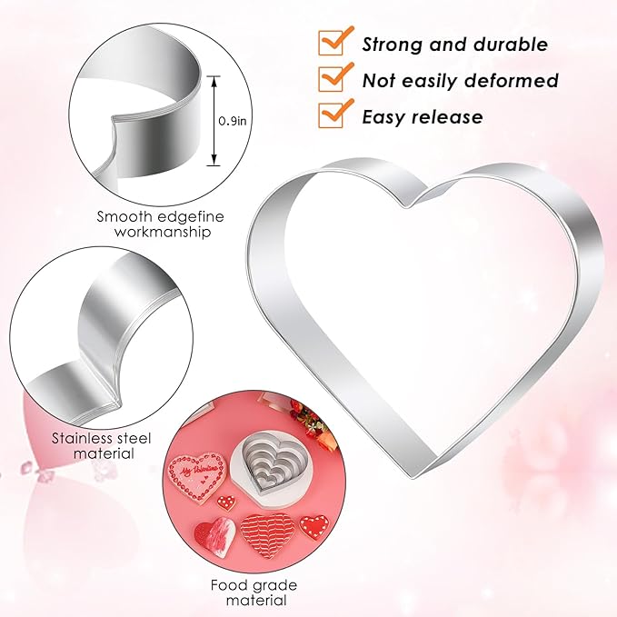 Heart Cookie Cutter Set - 5 Piece - 4.57" 3.86" 2.95" 1.97” 1.38" - Love Shaped Cookies Fondant Biscuit Molds for Valentines Day Holiday Birthday Party - Stainless Steel