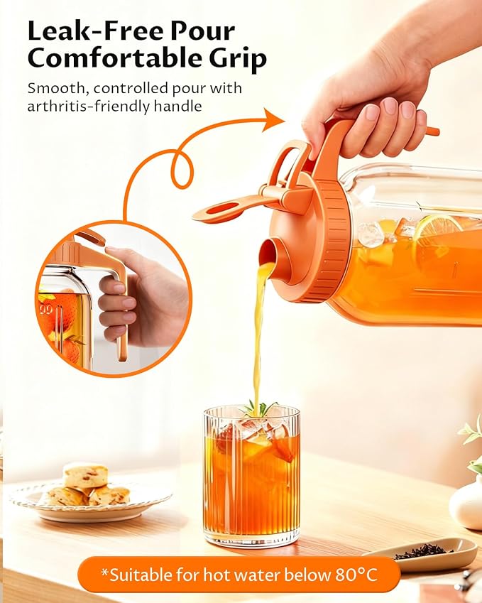 Glass Pitcher with Airtight Lid and Spout, 64oz Mason Jar Pitcher - Wide Mouth, Leakproof Water Jug for Juice, Sun Iced Tea, Cold Brew Coffee, Milk Storage, Orange