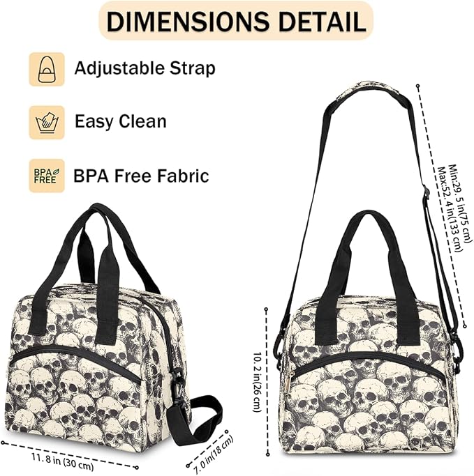 Halloween Skull Skeleton Insulated Lunch Bags for Women Girls Adult Ethnic Reusable Lunch Tote Therma Cooler Bag with Shoulder Strap Lunch Box for School Work Office Picnic Meal Prep Bag