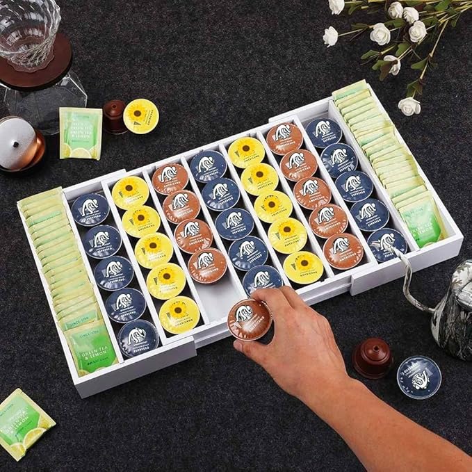 K Cup Holder,Bamboo Coffee Pod Holder Drawer Organizer, Expandable Coffee Pod Holder Tea Bag Storage Organizer for Kitchen Office Coffee Bars,Accommodate 45 K Cups (White)