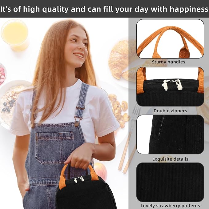 LEDAOU Lunch Box for Women Insulated Lunch Bag Corduroy Lunch Tote Bags Leakproof Cooler Lunch Case for Travel Work Picnic