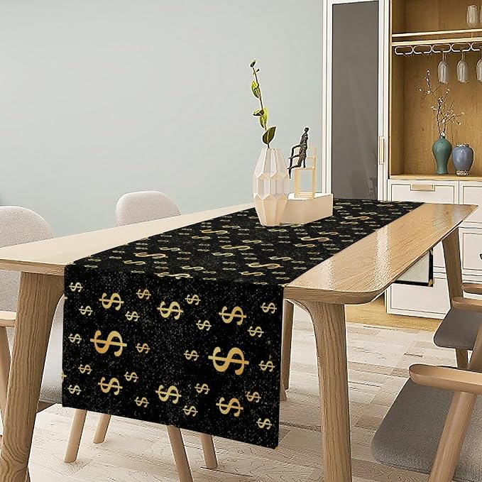 Funny Dollar Table Runner, Cartoon Gold Abstract Art Dollar Bill Symbol Plant Moon Owl Plant Table Decor Table Top Dining Kitchen Wedding Party 13x108 Inch
