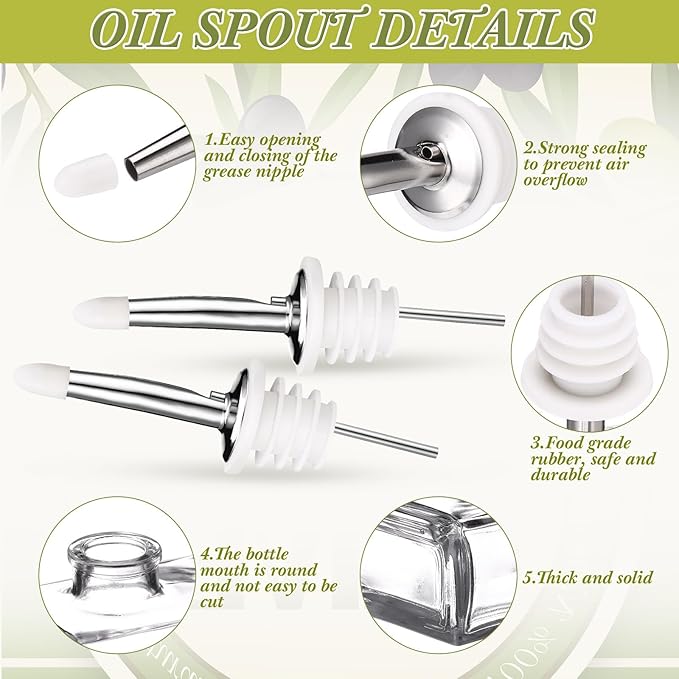 Reallnaive 10 Sets Olive Oil Dispenser Bottles for Kitchen with Nozzles Funnel Labels Cooking Oil Dispenser 500ml Set for Kitchen Vinegar Coffee Syrup (Silver)