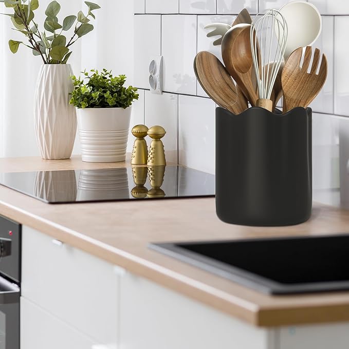 Large Utensil Holder for Kitchen Counter, Ceramic Kitchen Utensil Crock with Protection Cork Mat, Modern Cooking Tools Organizer for Countertop, Black