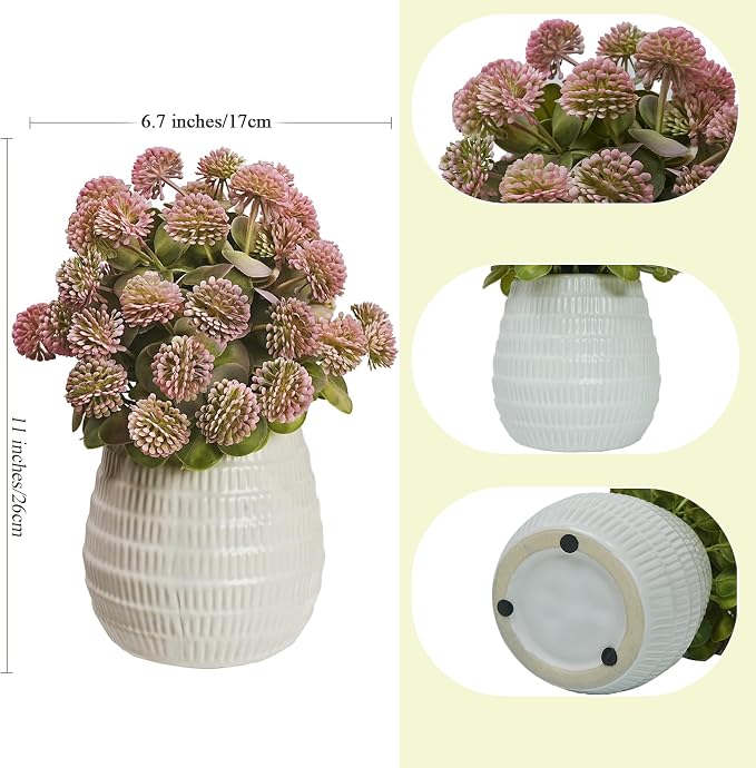 11 Inch Pink Pompon Mum Artificial Flower Balls in Pot - Eucalipto Artificial & Faux Greenery Centerpiece for Modern Home, Dining Table, Coffee Table & Shelf Decor