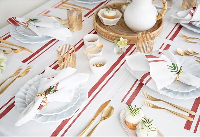 Solino Home Linen Table Runner 72 Inches Long - 100% Pure Linen Red and White French Stripe Table Runner 14 x 72 Inch for Dining, Dresser, Spring, Summer, 4th of July