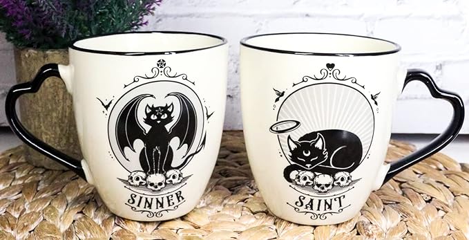 Ebros Gift Set Of 2 Gothic Wicca Saint Or Sinner Feline Cats Witching Hour Double Walled Bone China Porcelain Coffee Mugs Tea Drink Cups Alchemy Magic Occult Serveware Drinkware