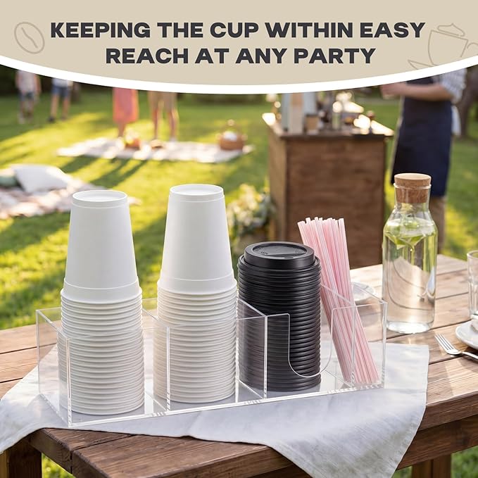 Novabright 4 Compartments Coffee Cup Holder for Countertop Cup Lid and Straw Dispenser Coffee Station Organizer Bar Accessories for Breakroom Restaurant, 15.3 x 4.7 x 4 (Clear,Acrylic)