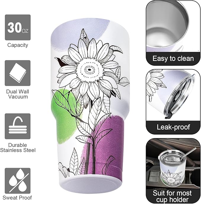 30 oz Tumbler with Lids and Straws Double Wall Insulated Tumbler Cup,Stainless Steel Leak-proof Thermal Coffee Tumbler Powder Coated Travel Mug for Cold and Hot Beverages,Sunflower