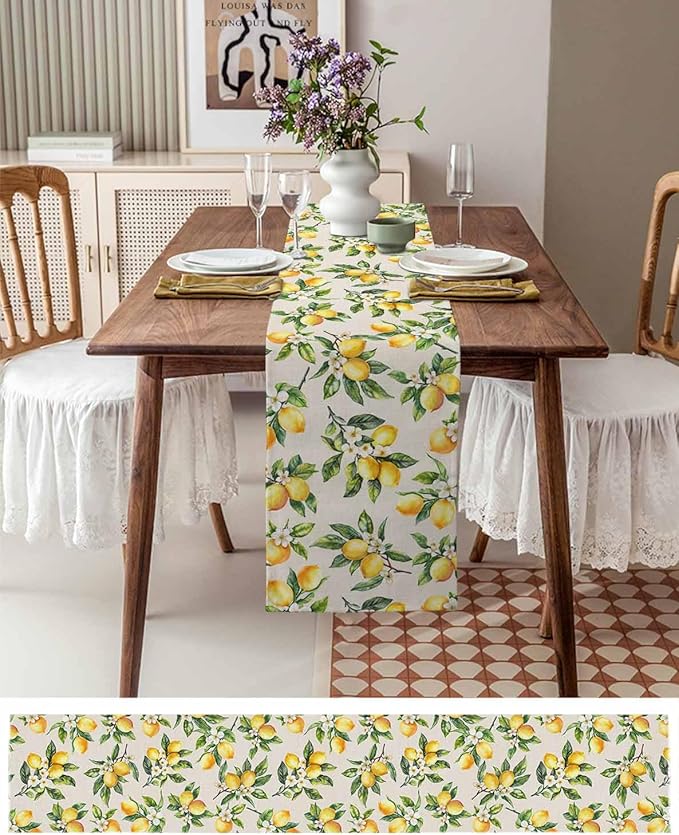 Spring Yellow Lemon Table Runner 48 Inch Long Dresser Scarves Summer Lemons Floral Cotton Linen Tablerunners Italian Farmhouse Dining Kitchen Burlap Table Setting Decor for Party Holiday Home, 13"x48"