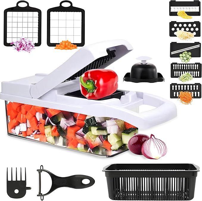 ISHKITCH 16-in-1 Vegetable Chopper & Mandoline Slicer – Multi-Blade Food Dicer, Onion Chopper, Veggie Cutter with Stainless Steel Blades, Dishwasher Safe Kitchen Tool
