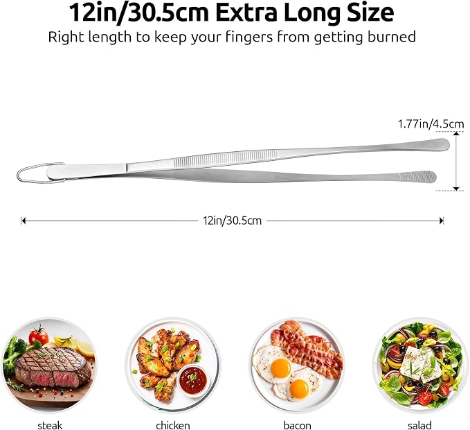 U-Taste 12in Long Kitchen Cooking Tweezer: 18/8 Stainless Steel Food-Grade Metal Food Tong, Flexible Pinching, Seamless-Welding, Sturdy and Non-Slip for Serving, Grilling, Frying, Baking (Round Tip)