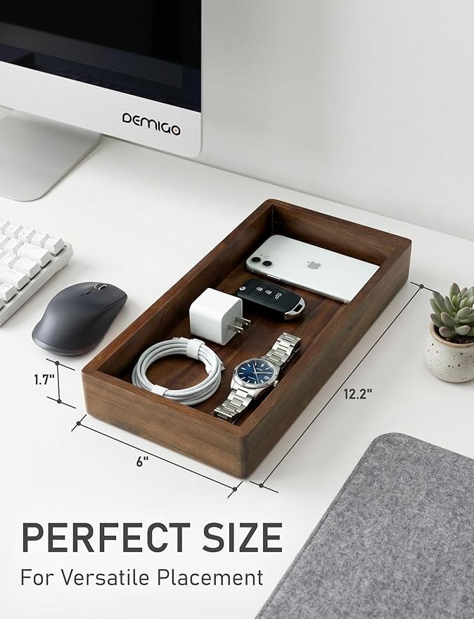 Demigo Acacia Wood Valet Tray & Catchall - Dark Color 12.2" x 6" Organizer for Nightstand, Entryway, Dresser - Holds Keys, Wallet, Phone, Jewelry (Dark Brown)