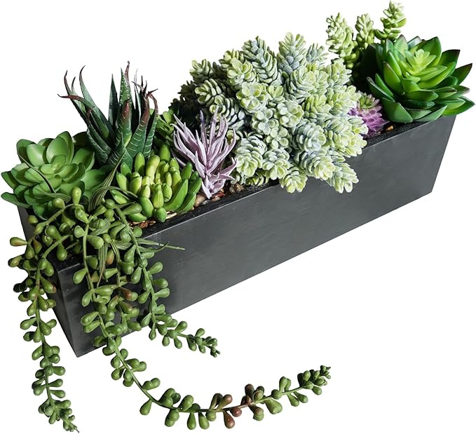 Winlyn 14" Artificial Succulent Plants Arrangement Assorted Faux Succulents in Rustic Black Rectangular Wooden Planter Box Faux Potted Plant Decor for Farmhouse Home Windowsill Shelf Table Centerpiece