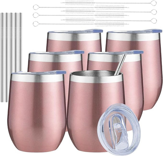 MEZMUT 12 Oz Insulated Wine Tumbler with Lid Double Wall Vacuum Stainless Steel Wine Glass Coffee Mug Insulated Tumbler Cup for Champaign, Cocktail, Beer (Rose Gold, 6 Pack)