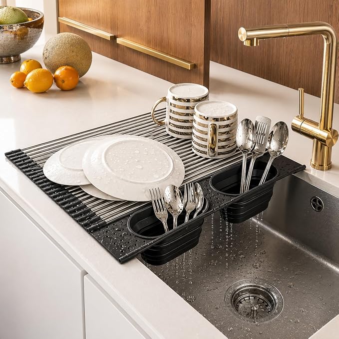 Roll Up Dish Drying Rack Over Sink, Stainless Steel, Black, 17.5"