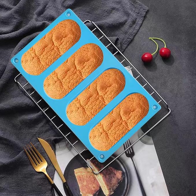 Hot Dog Bun Pan - 2 Pack 4 Cavity Silicone Molds, Non-stick French Bread Pan, Baguette Baking Tray for Sandwich Bun Rolls