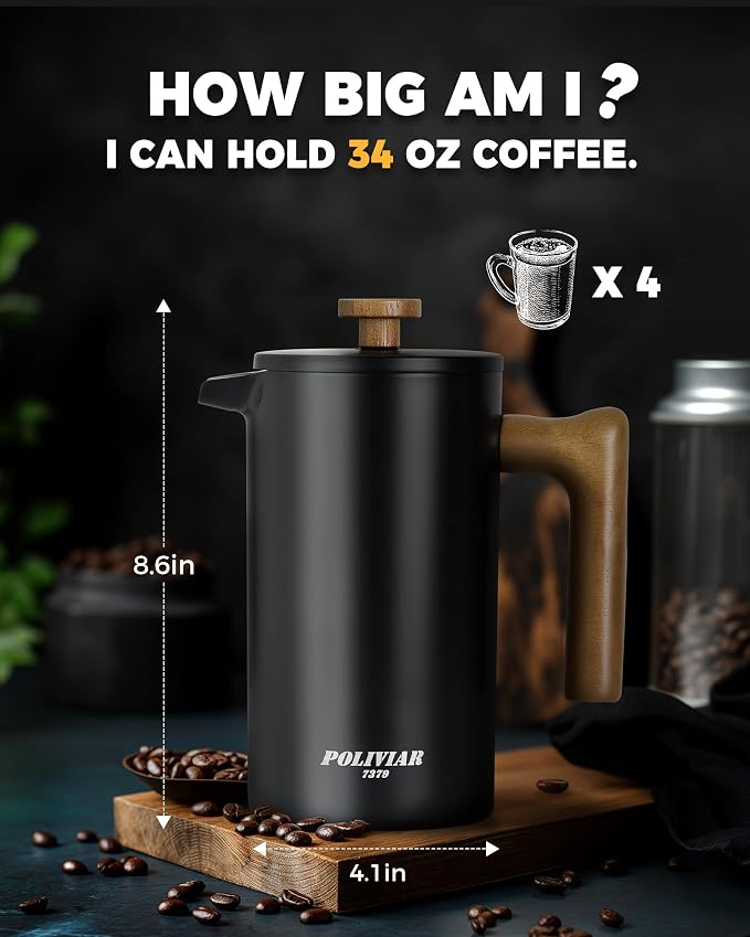 POLIVIAR French Press Coffee Maker, 34 Ounce Coffee Press with Real Wood Handle, Double Wall Insulation & Dual- Filter Screen, Food Grade Stainless Steel for Good Coffee and Tea (Vintage) | Real Wood Handle Coffee Press, Double Wall Insulation, Dual-Fi...