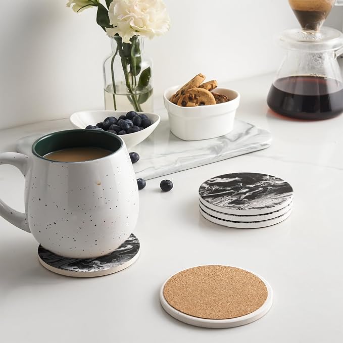 LIFVER Coasters Set of 6, Coasters for Drinks Absorbent Stone with Holder, Black Marble Style Ceramic Drink Coaster for Tabletop Protection, Coffee Table Decor Ideal for Home Decor House Warming Gifts