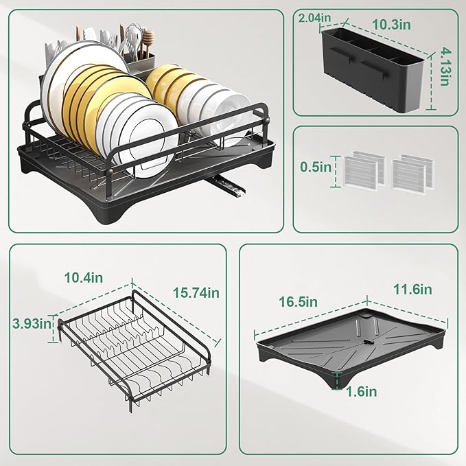 Dish Drying Rack for Kitchen Counter, Large Dish Drying Rack with Utensil Holder & Cutlery Tray, Dish Drainer with Drainboard, Black
