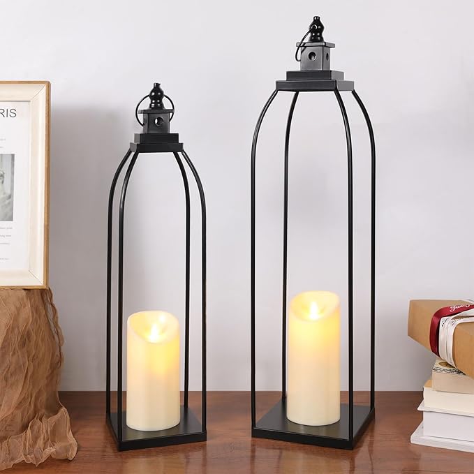 DARJEN 19'' 22'' Decorative Candle Lanterns, Large Farmhouse Decorative Metal Lanterns with 2 Flameless Candles, Black Candle Lanterns for Home Porch Fireplace Decor & Indoor and Outdoor Use
